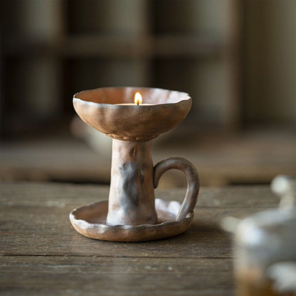 Handmade Coarse Earthenware Oil Lamp and Candleholder