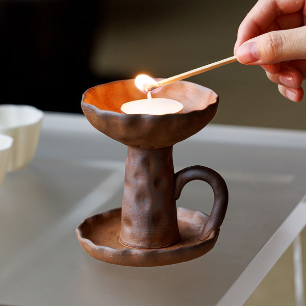 Handmade Coarse Earthenware Oil Lamp and Candleholder