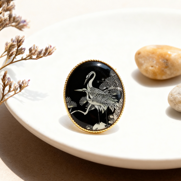 Inlaid Mother-of-Pearl Crane Brooch