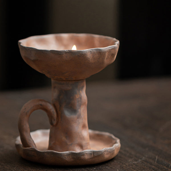 Handmade Coarse Earthenware Oil Lamp and Candleholder