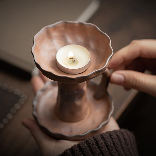 Handmade Coarse Earthenware Oil Lamp and Candleholder